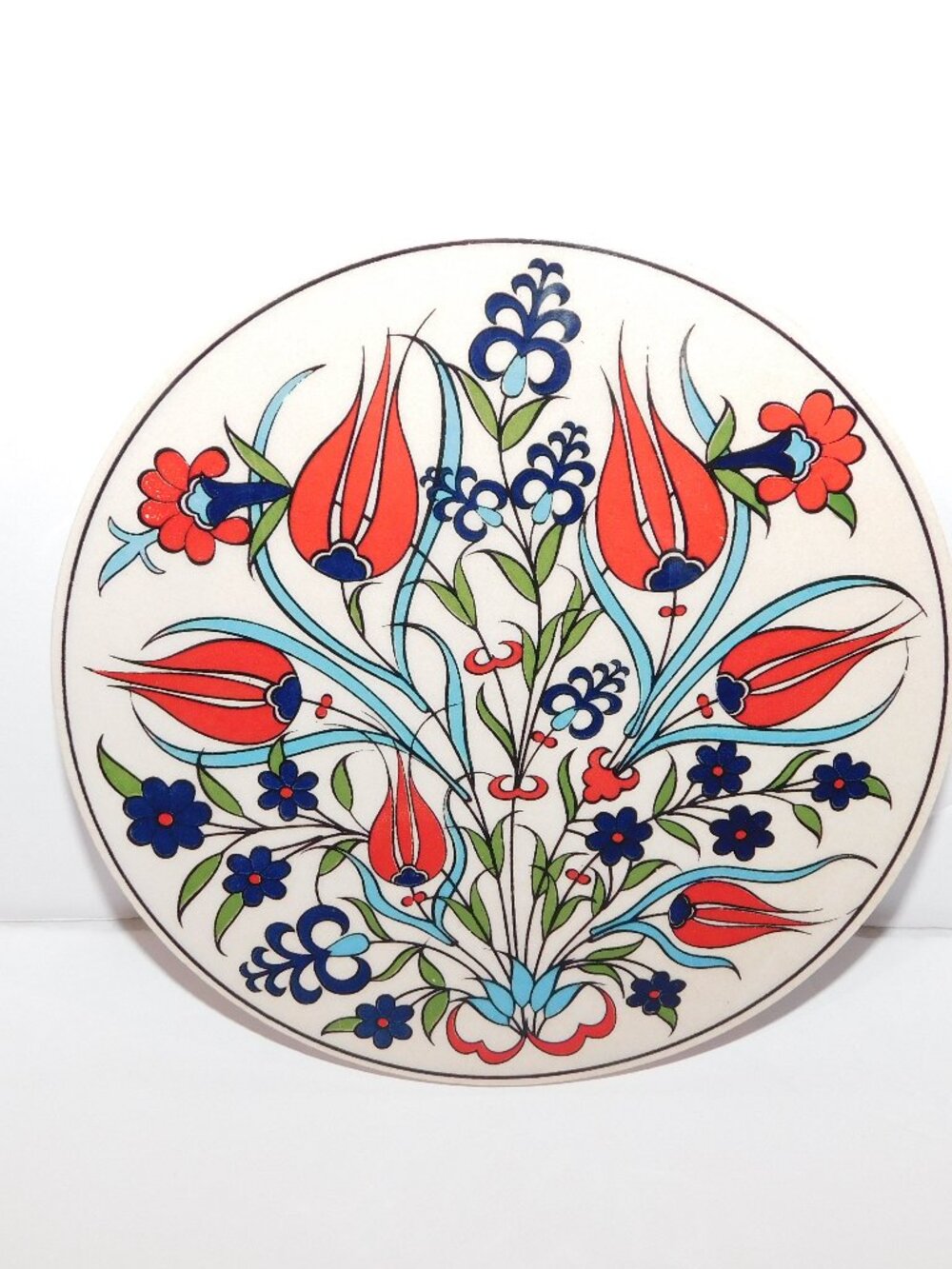 6.5" Ceramic Turkish Table Trivet Red Tulips Blue Flower Detail